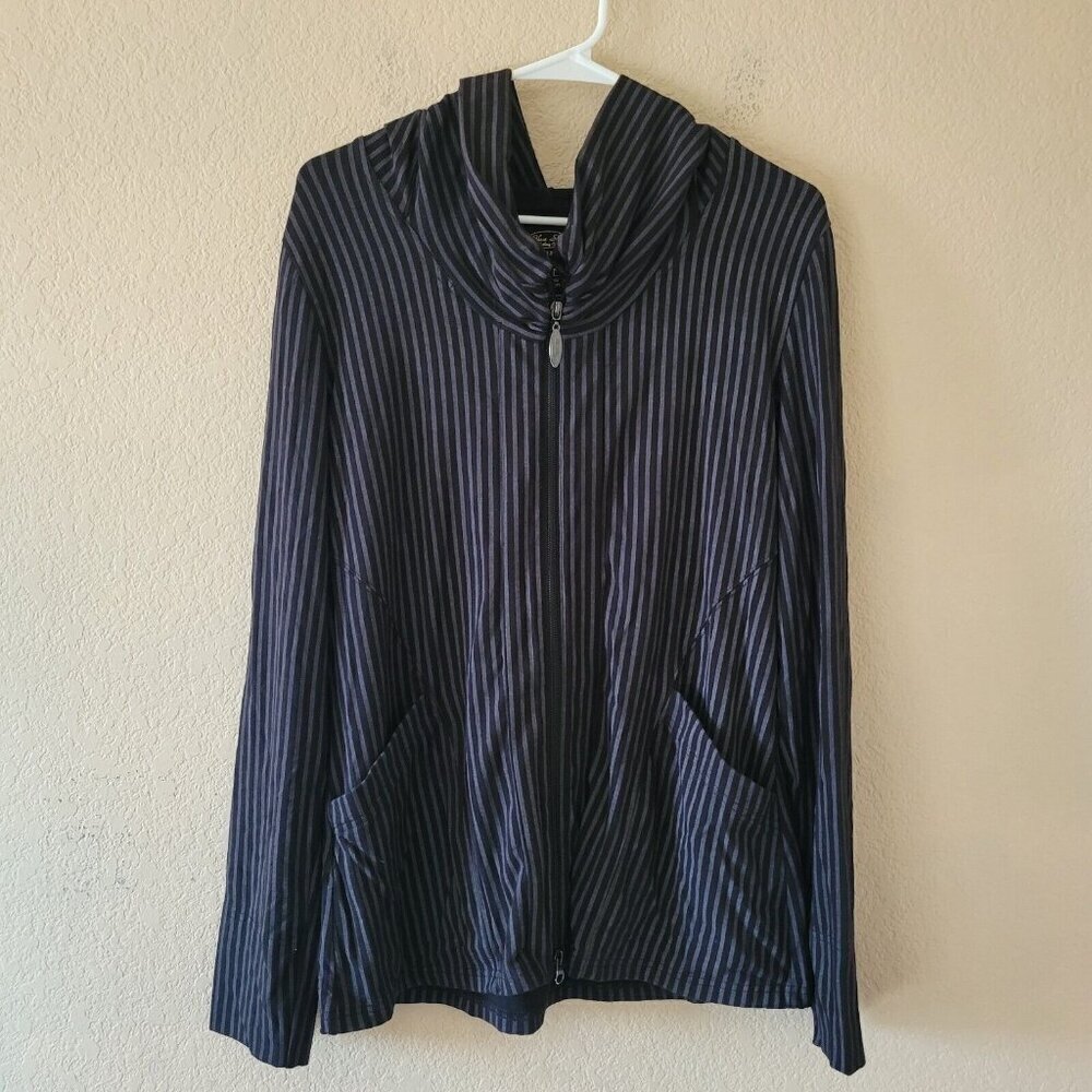 Womens Jacket Bamboo Organic Cotton Full Zip Jacket Medium Pinstriped Hooded Euc